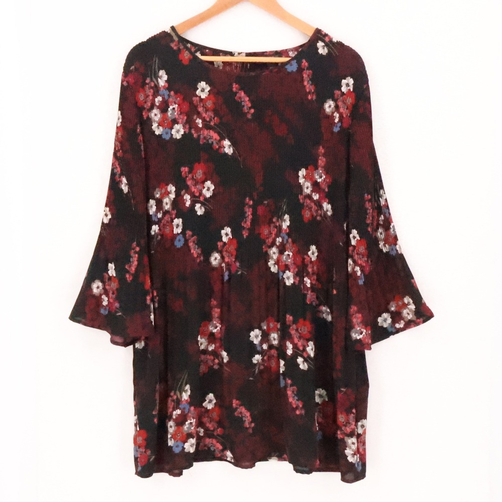 J Jill Wearever Floral Tunic Top Womens Size XL Burgundy Black Pleated Packable
